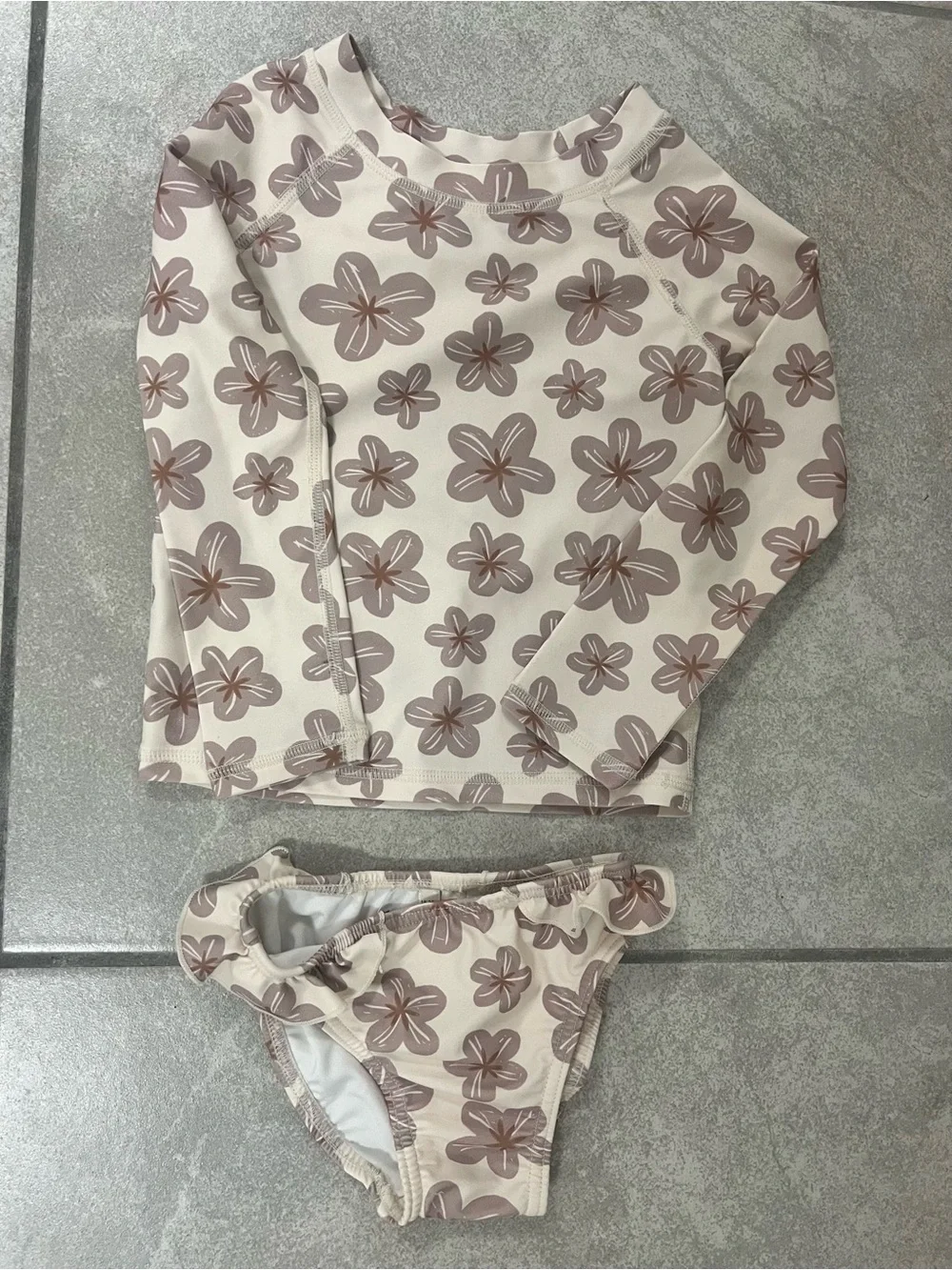 Rylee + Cru Toddler Floral Rash Guard Swim Set - Cream with Brown Flowers